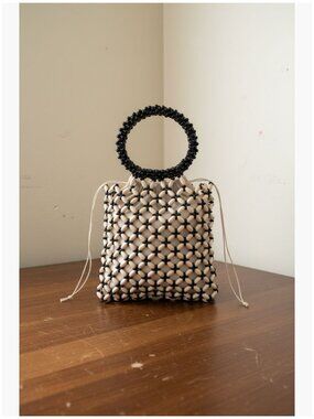 Handmade Wooden Bead Tote Bag, Handwoven Clutch with Drawstring Closure